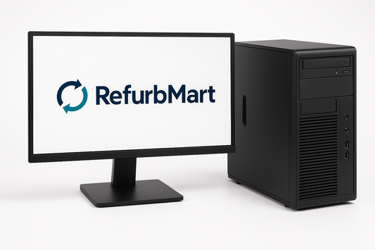 Complete desktop computer setup with monitor and CPU tower displaying RefurbMart logo