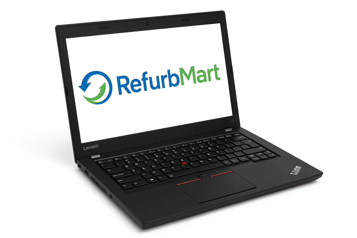 Three-quarter view of Lenovo ThinkPad L470 with blue and green RefurbMart logo