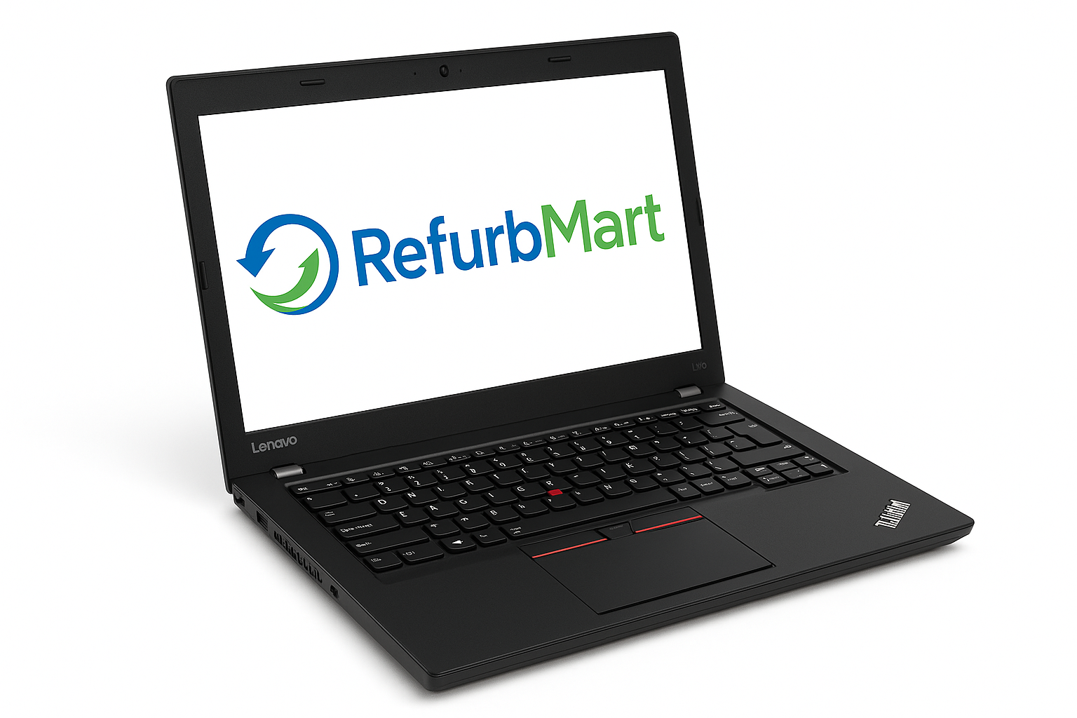 Three-quarter view of Lenovo ThinkPad L470 with blue and green RefurbMart logo